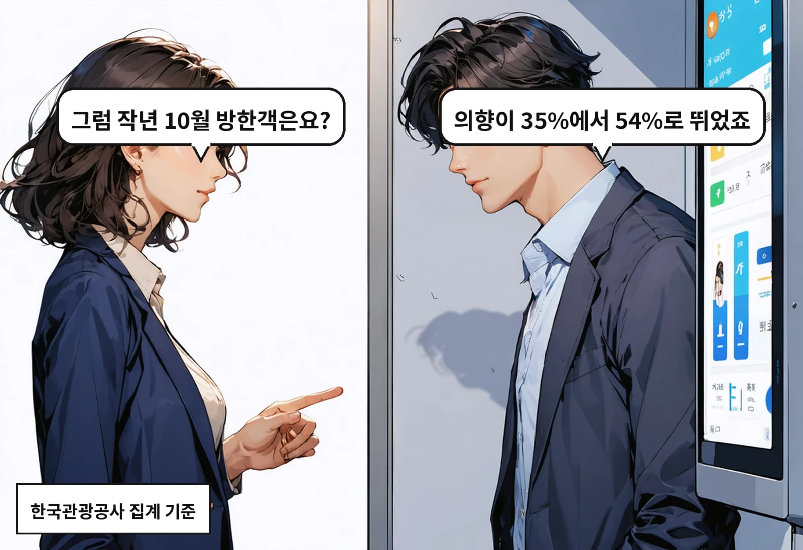 A: 의향이 35%에서 54%로 뛰었죠 B: 그럼 작년 10월 방한객은요?