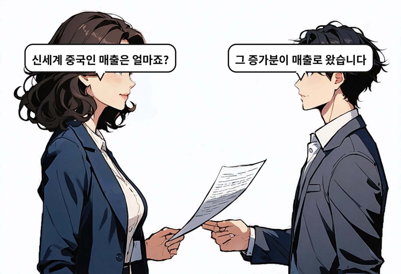 A: 그 증가분이 매출로 왔습니다 B: 신세계 중국인 매출은 얼마죠?