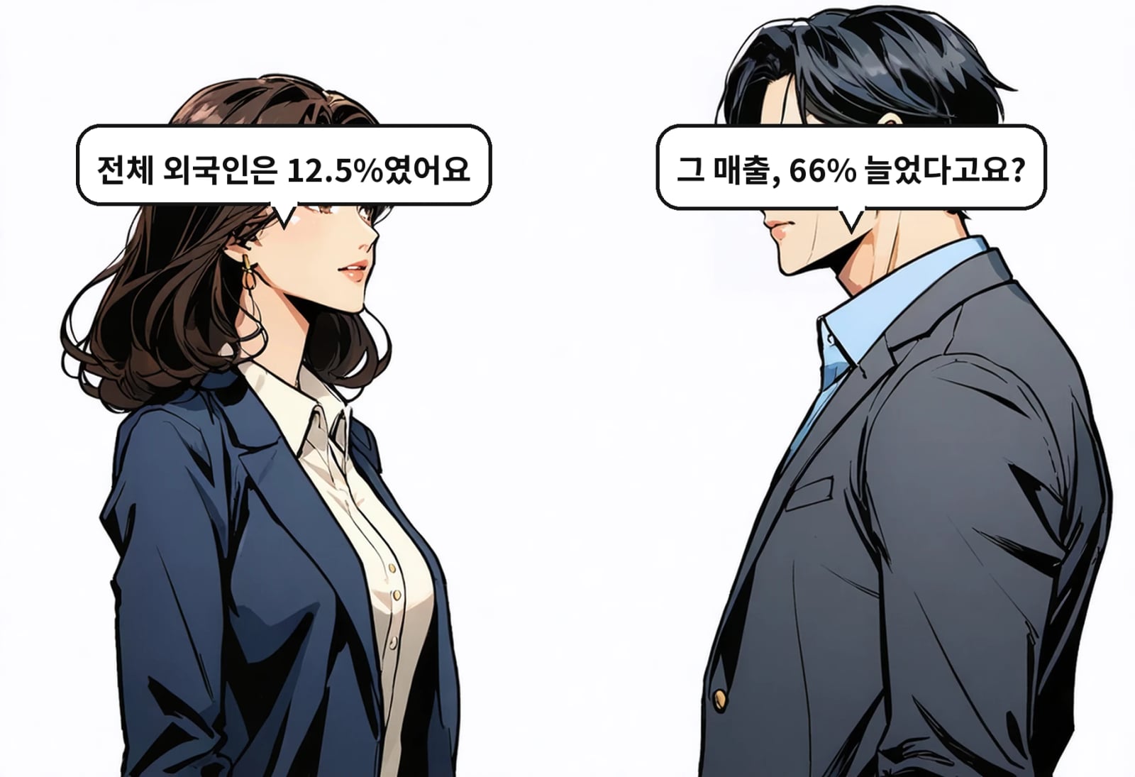 B: 그 매출, 66% 늘었다고요? A: 전체 외국인은 12.5%였어요