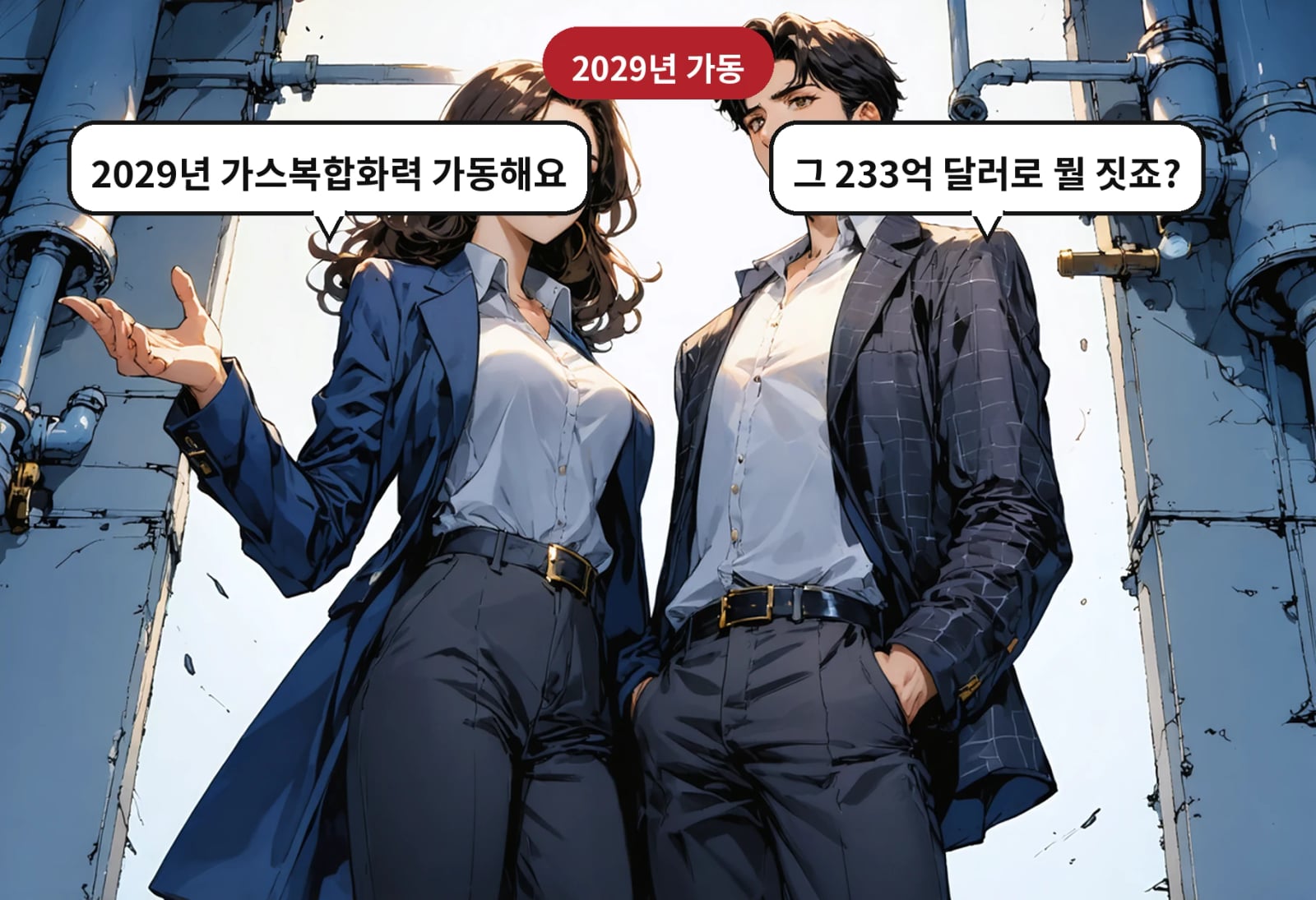 B: 그 233억 달러로 뭘 짓죠? A: 2029년 가스복합화력 가동해요