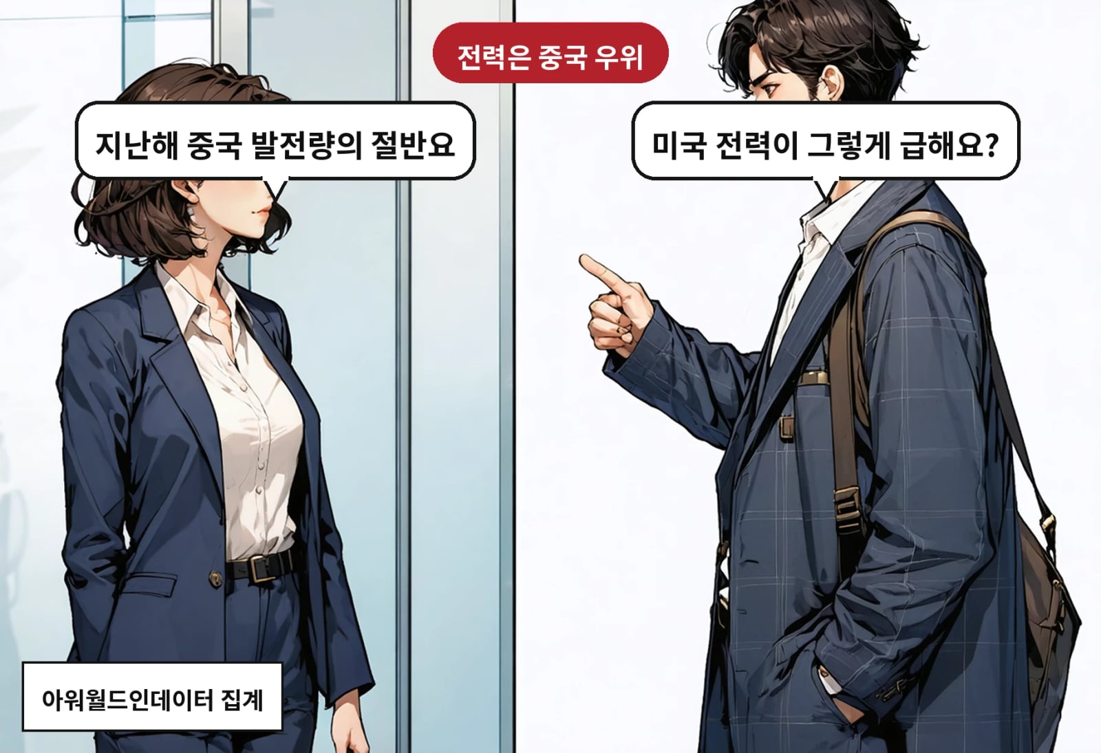 B: 미국 전력이 그렇게 급해요? A: 지난해 중국 발전량의 절반요