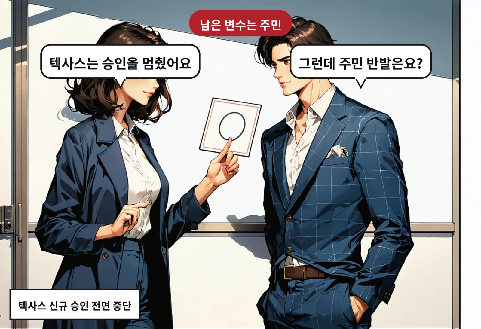 B: 그런데 주민 반발은요? A: 텍사스는 승인을 멈췄어요