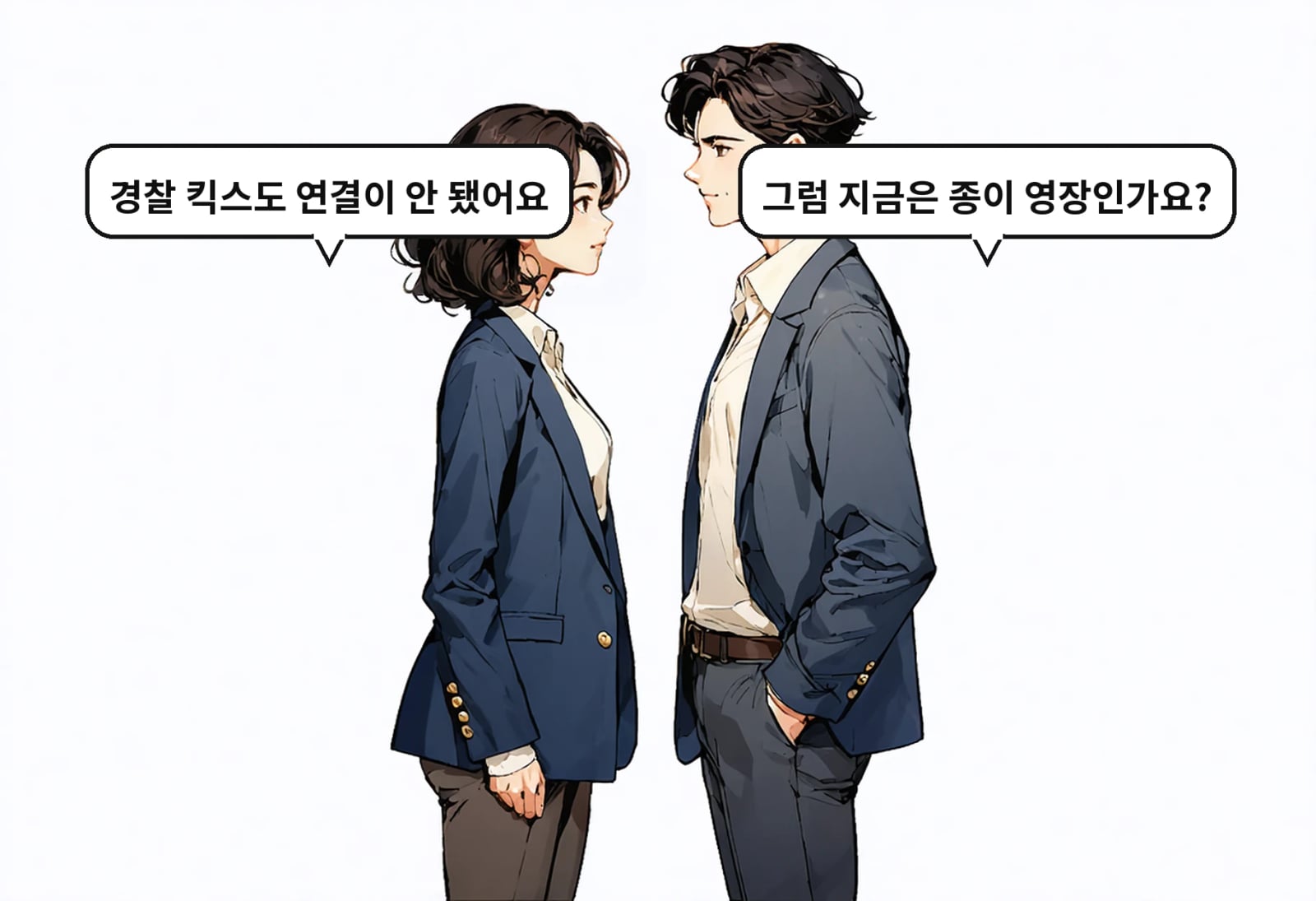 B: 그럼 지금은 종이 영장인가요? A: 경찰 킥스도 연결이 안 됐어요
