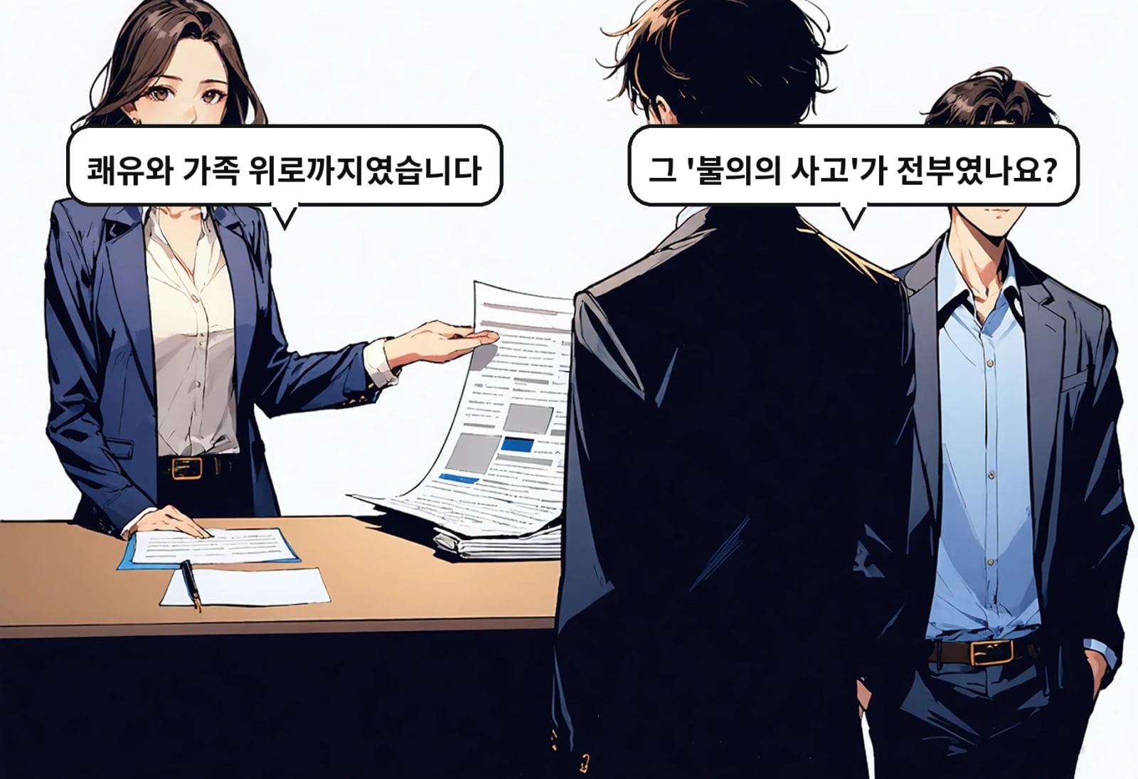 B: 그 '불의의 사고'가 전부였나요? A: 쾌유와 가족 위로까지였습니다