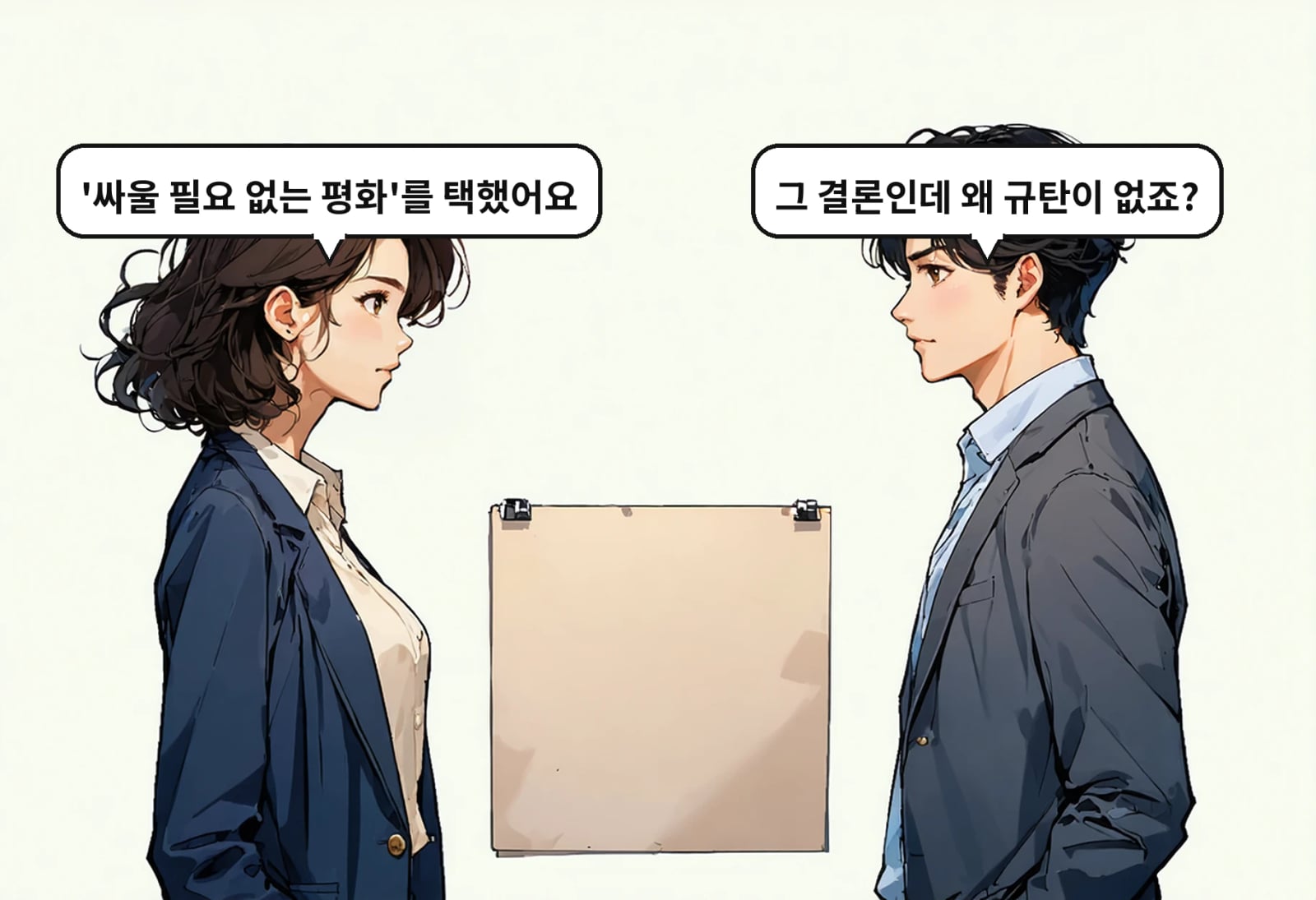B: 그 결론인데 왜 규탄이 없죠? A: '싸울 필요 없는 평화'를 택했어요