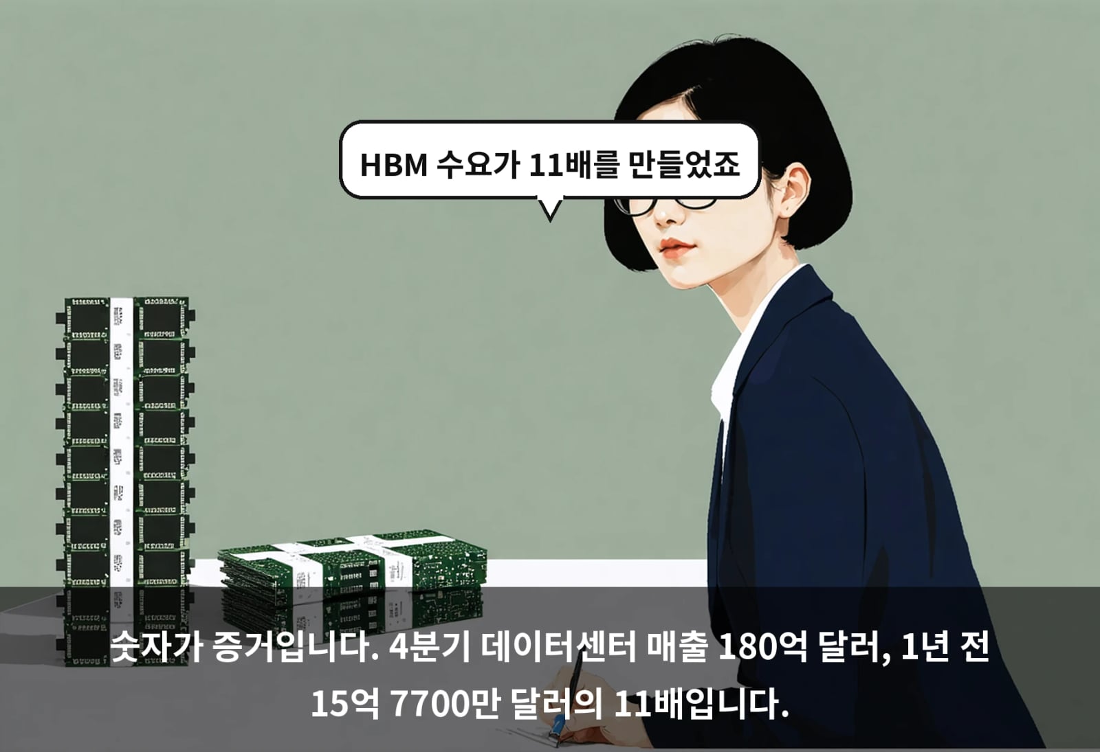 숫자가 증거입니다. 4분기 데이터센터 매출 180억 달러, 1년 전 15억 7700만 달러의 11배입니다.