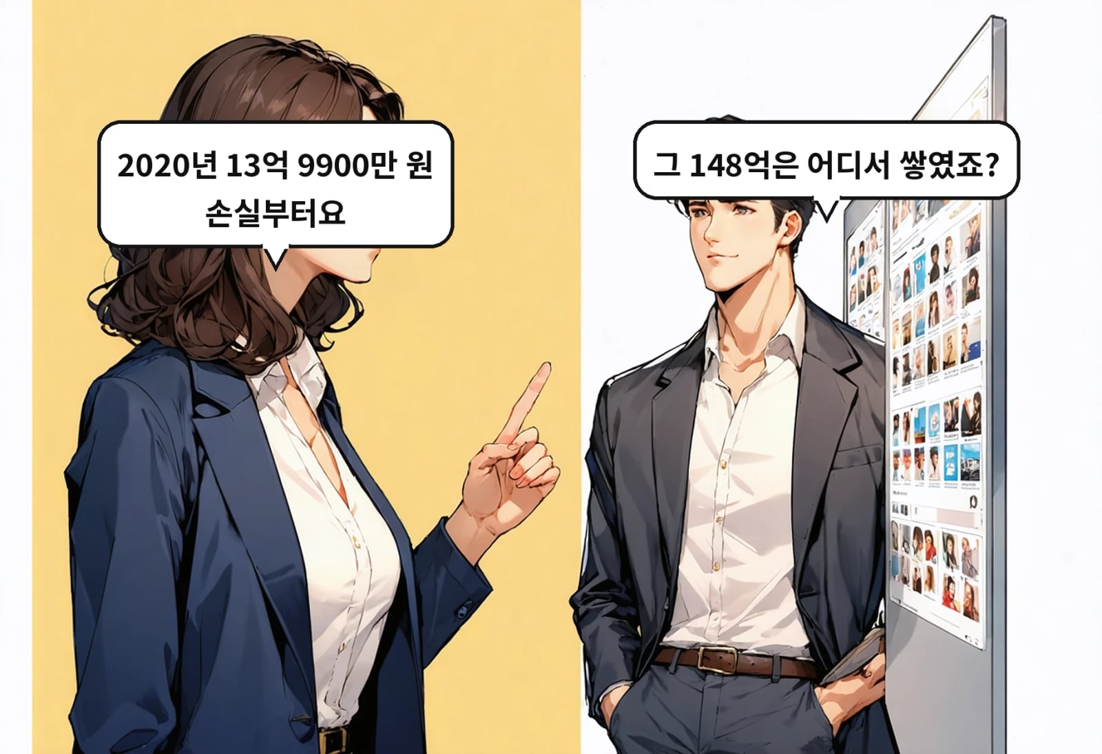 A: 그 148억은 어디서 쌓였죠? B: 2020년 13억 9900만 원 손실부터요