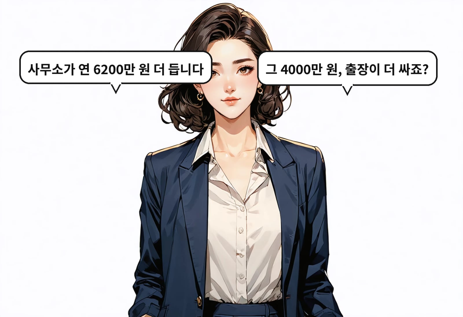 B: 그 4000만 원, 출장이 더 싸죠? A: 사무소가 연 6200만 원 더 듭니다
