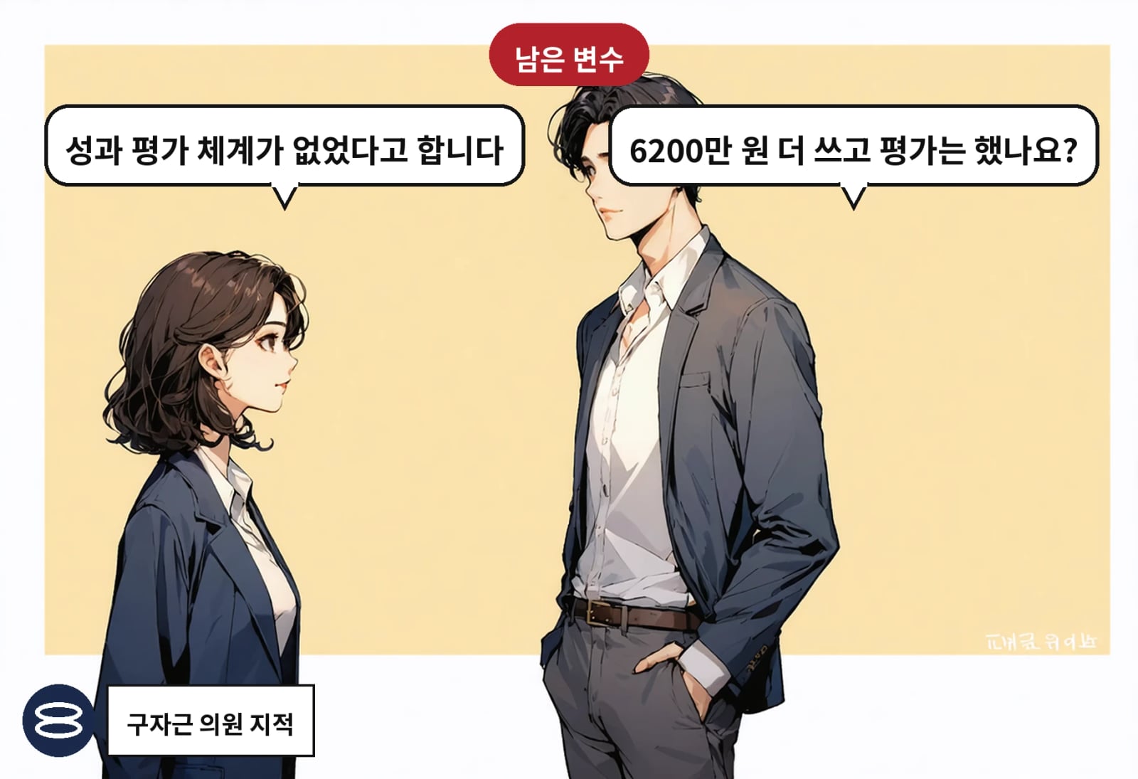 B: 6200만 원 더 쓰고 평가는 했나요? A: 성과 평가 체계가 없었다고 합니다