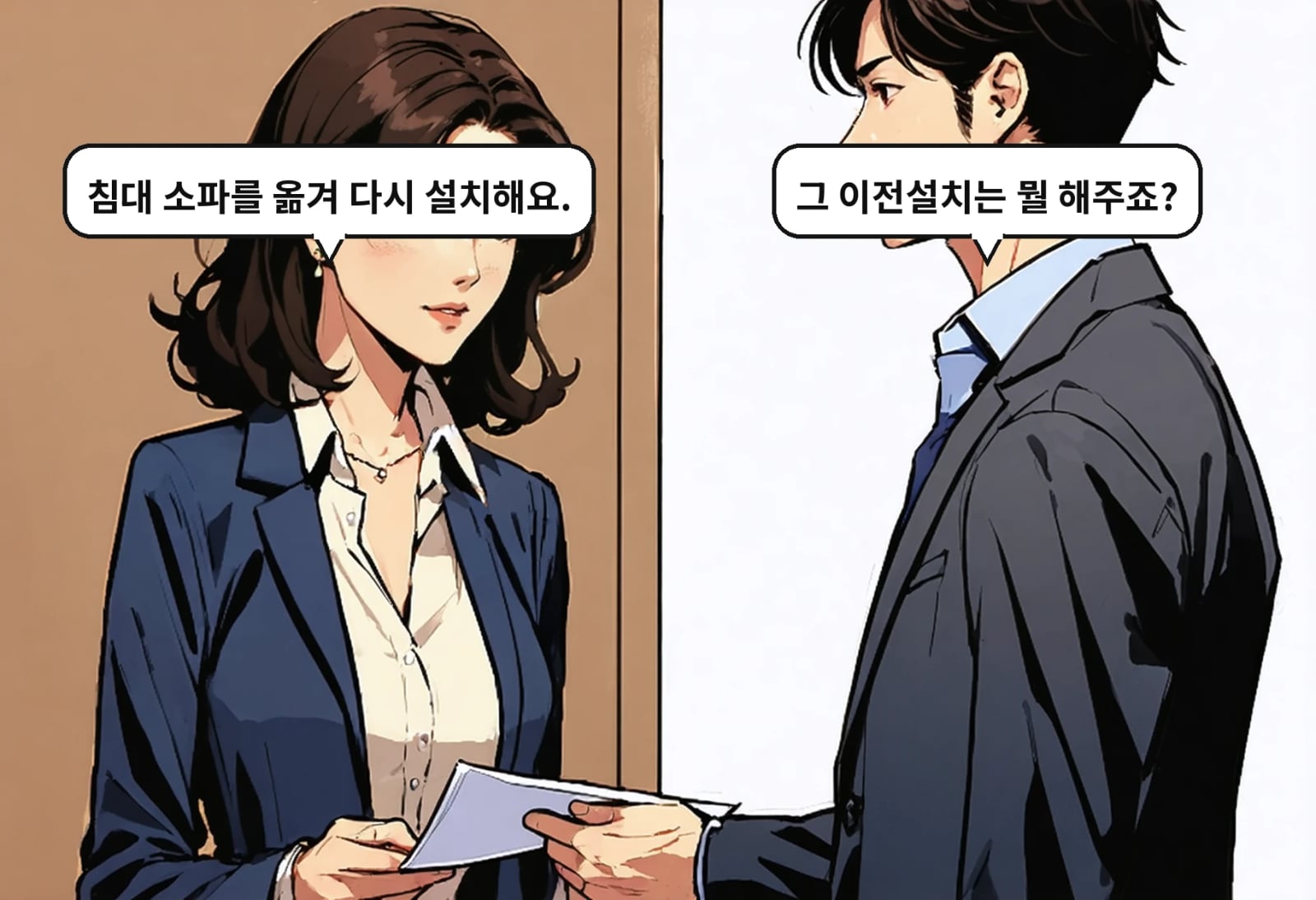 B: 그 이전설치는 뭘 해주죠? A: 침대 소파를 옮겨 다시 설치해요.