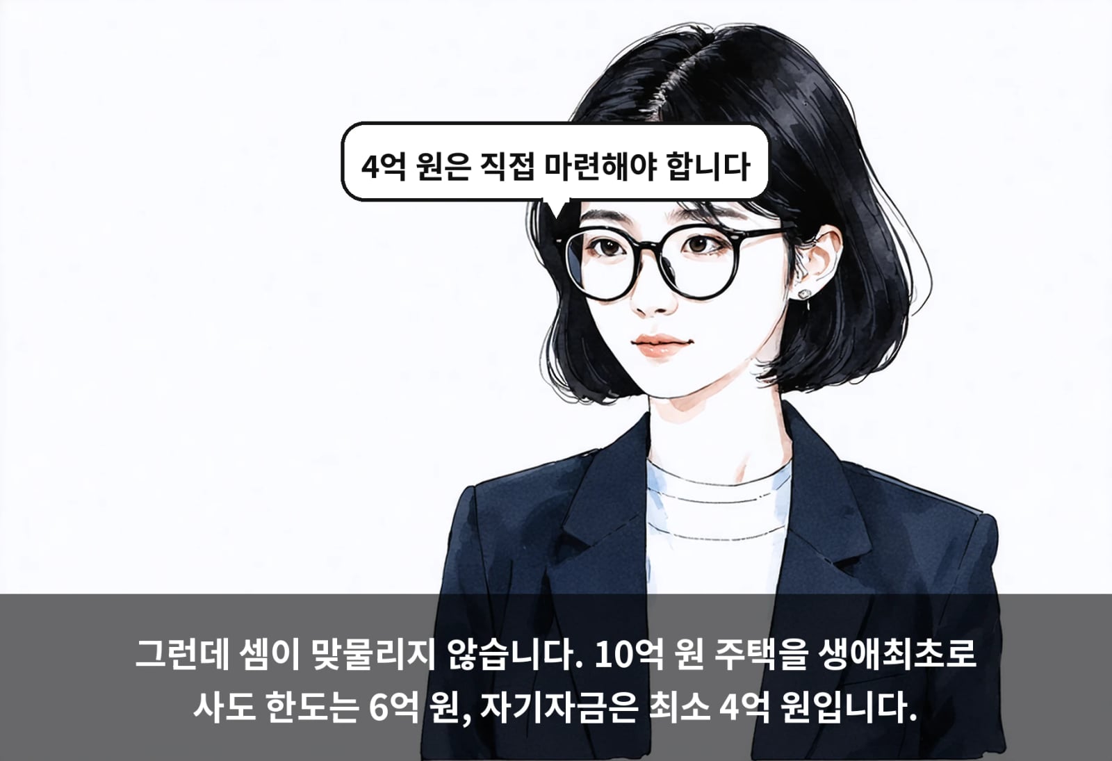 그런데 셈이 맞물리지 않습니다. 10억 원 주택을 생애최초로 사도 한도는 6억 원, 자기자금은 최소 4억 원입니다.