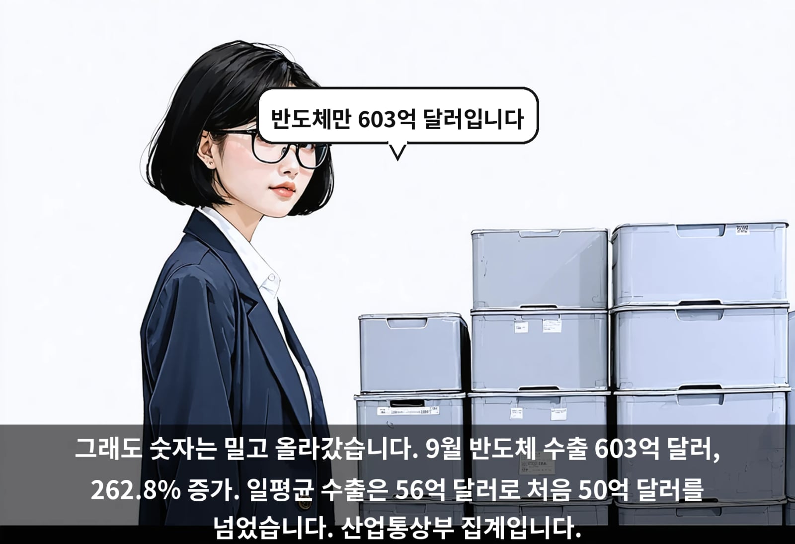 그래도 숫자는 밀고 올라갔습니다. 9월 반도체 수출 603억 달러, 262.8% 증가. 일평균 수출은 56억 달러로 처음 50억 달러를 넘었습니다. 산업통상부 집계입니다.