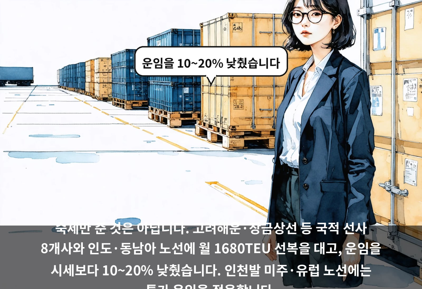 숙제만 준 것은 아닙니다. 고려해운·장금상선 등 국적 선사 8개사와 인도·동남아 노선에 월 1680TEU 선복을 대고, 운임을 시세보다 10~20% 낮췄습니다. 인천발 미주·유럽 노선에는 특가 운임을 적용합니다.