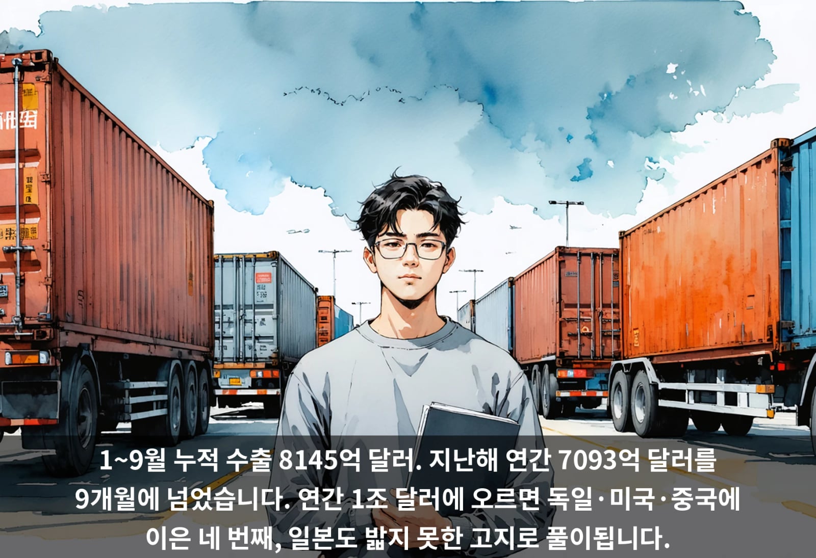 1~9월 누적 수출 8145억 달러. 지난해 연간 7093억 달러를 9개월에 넘었습니다. 연간 1조 달러에 오르면 독일·미국·중국에 이은 네 번째, 일본도 밟지 못한 고지로 풀이됩니다.