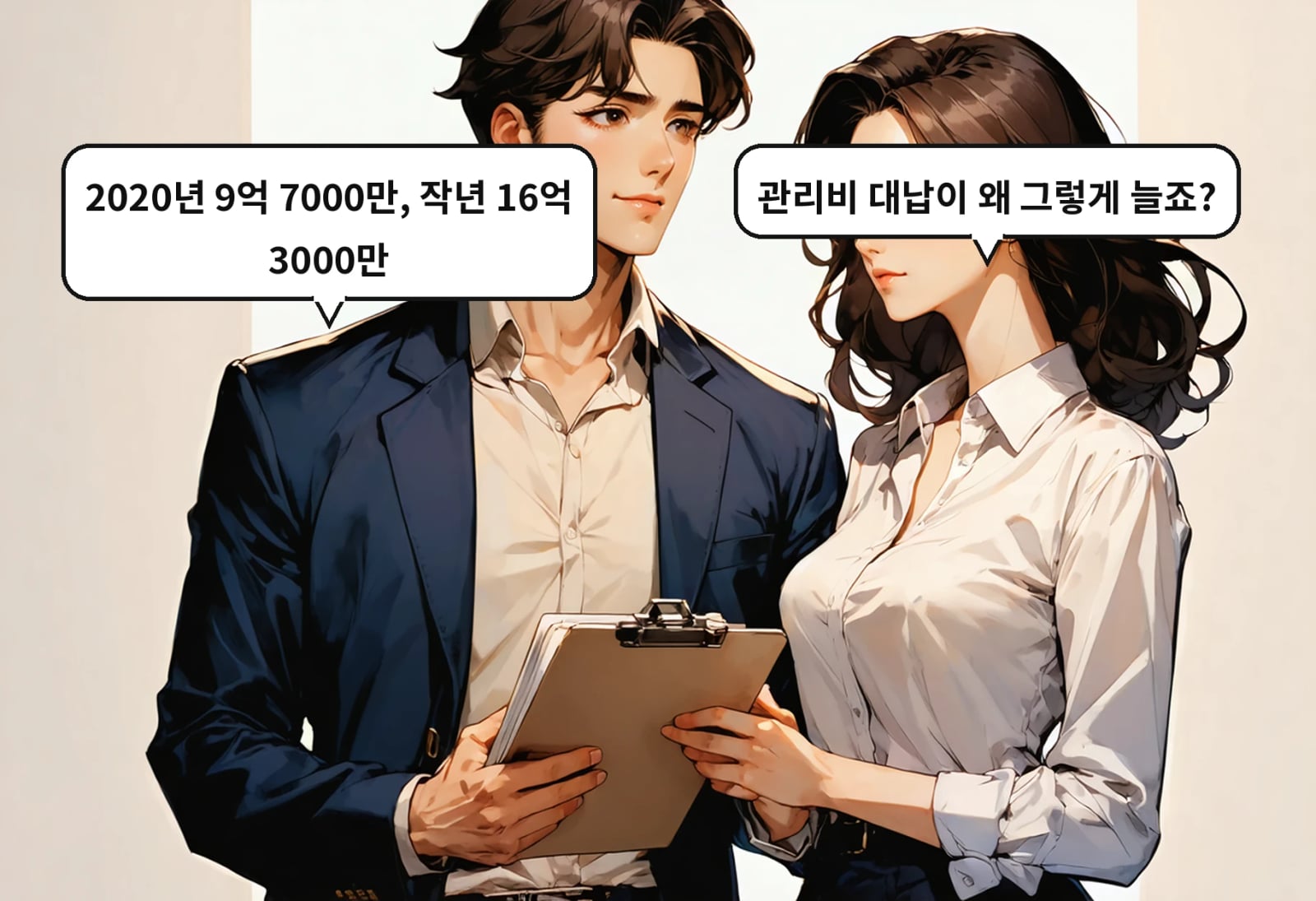 B: 관리비 대납이 왜 그렇게 늘죠? A: 2020년 9억 7000만, 작년 16억 3000만