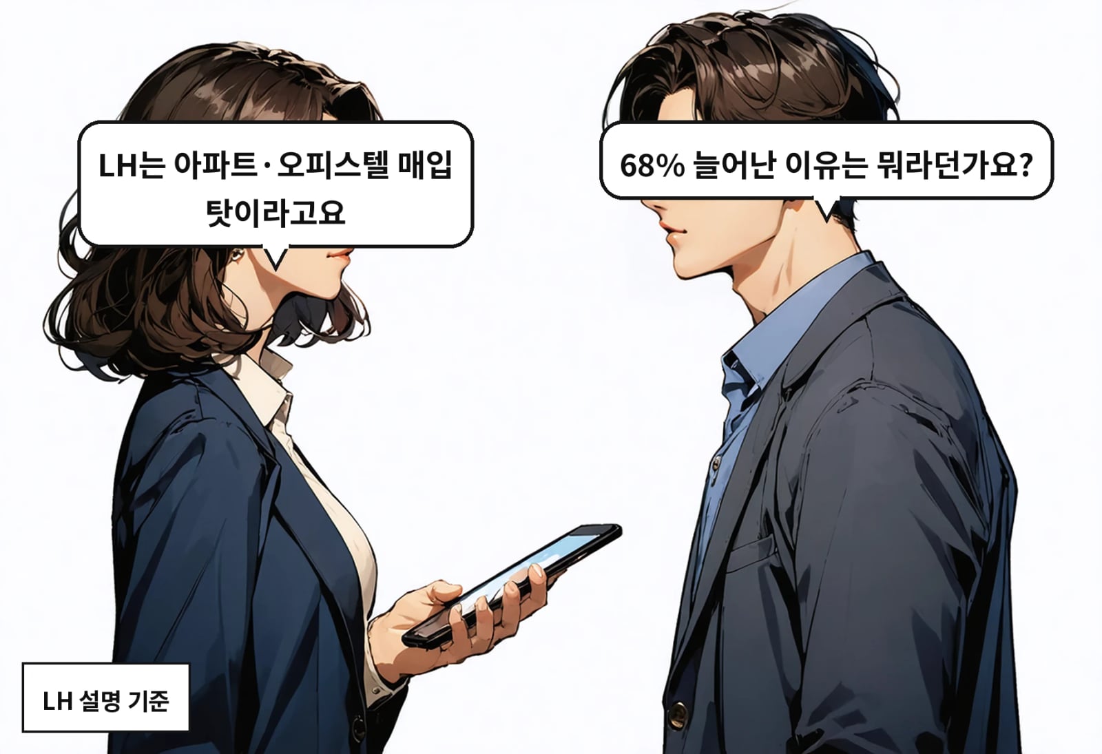 B: 68% 늘어난 이유는 뭐라던가요? A: LH는 아파트·오피스텔 매입 탓이라고요