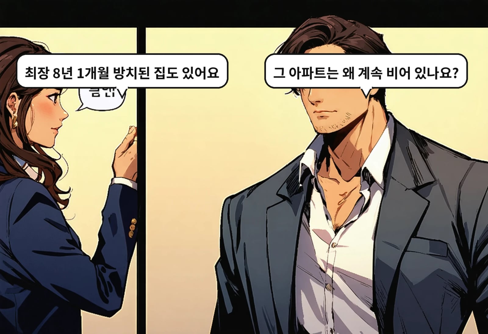 B: 그 아파트는 왜 계속 비어 있나요? A: 최장 8년 1개월 방치된 집도 있어요