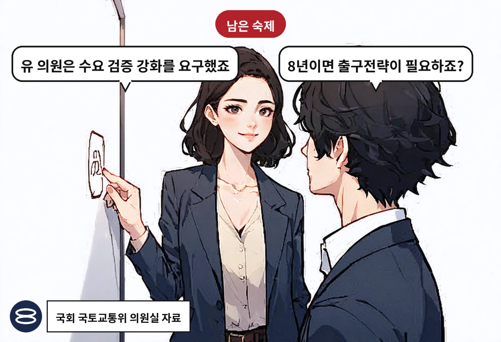 B: 8년이면 출구전략이 필요하죠? A: 유 의원은 수요 검증 강화를 요구했죠