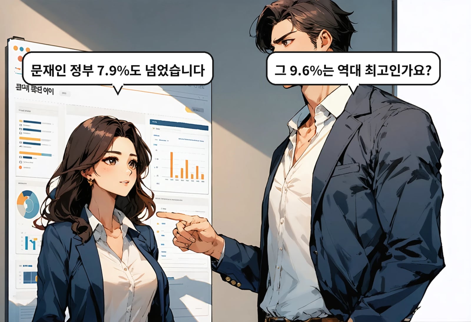 B: 그 9.6%는 역대 최고인가요? A: 문재인 정부 7.9%도 넘었습니다