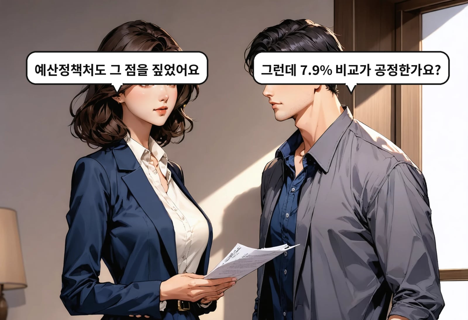 B: 그런데 7.9% 비교가 공정한가요? A: 예산정책처도 그 점을 짚었어요