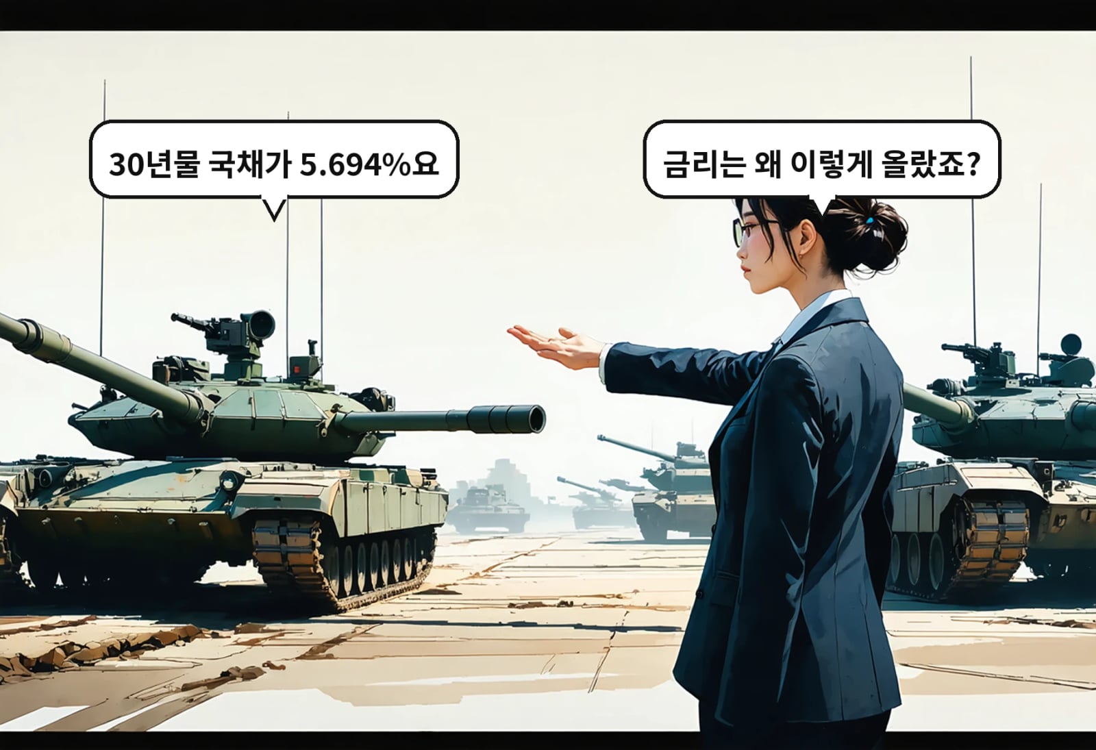B: 금리는 왜 이렇게 올랐죠? A: 30년물 국채가 5.694%요