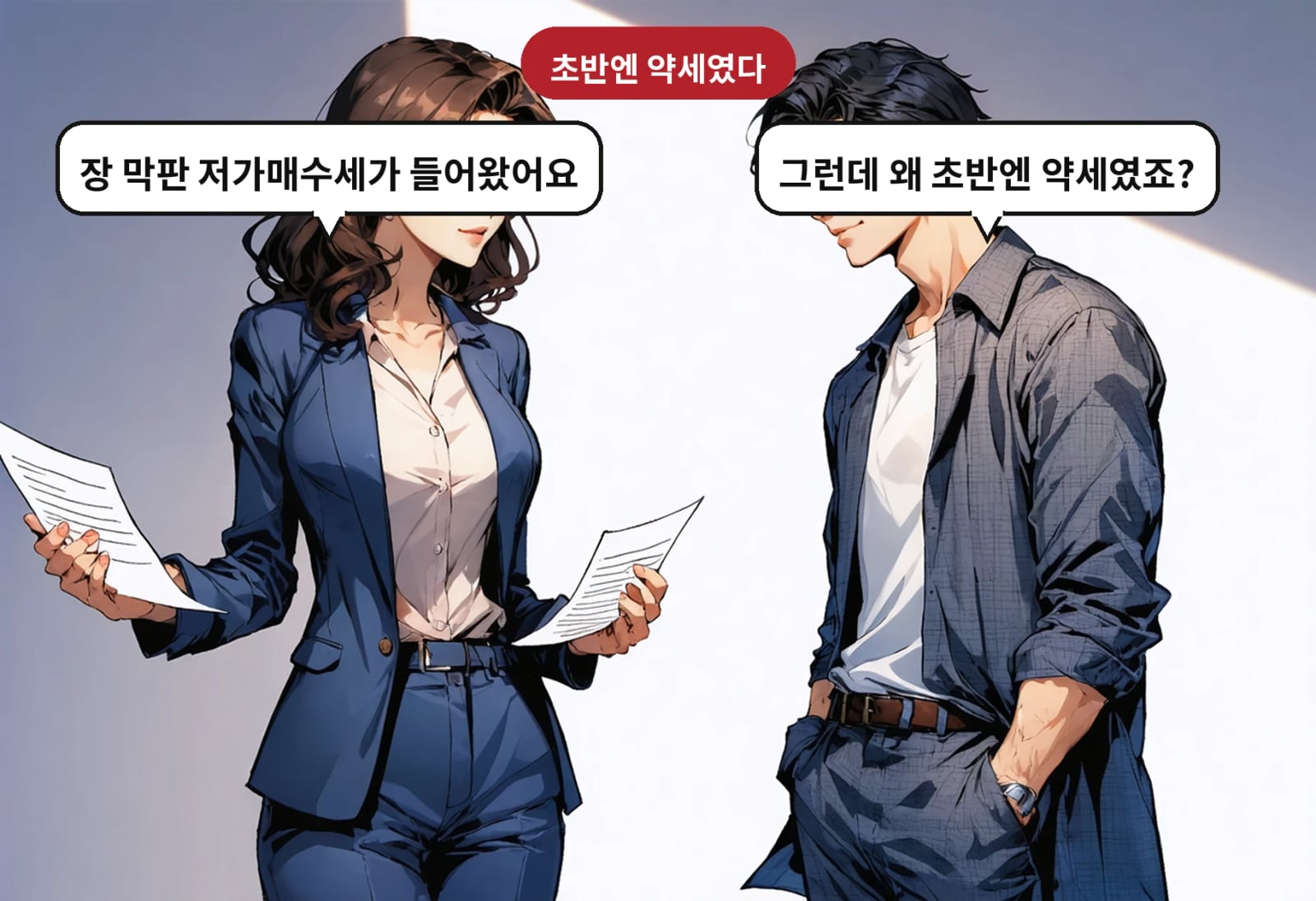 B: 그런데 왜 초반엔 약세였죠? A: 장 막판 저가매수세가 들어왔어요