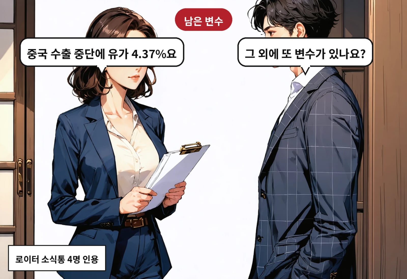 B: 그 외에 또 변수가 있나요? A: 중국 수출 중단에 유가 4.37%요