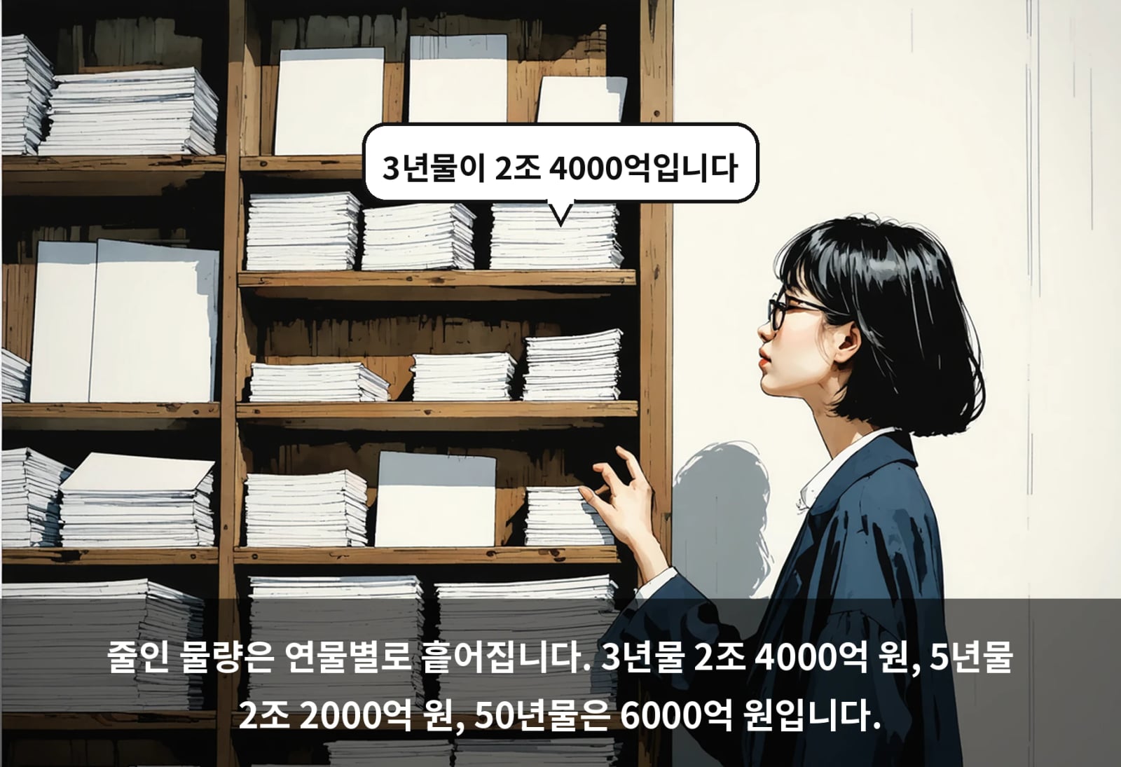 줄인 물량은 연물별로 흩어집니다. 3년물 2조 4000억 원, 5년물 2조 2000억 원, 50년물은 6000억 원입니다.