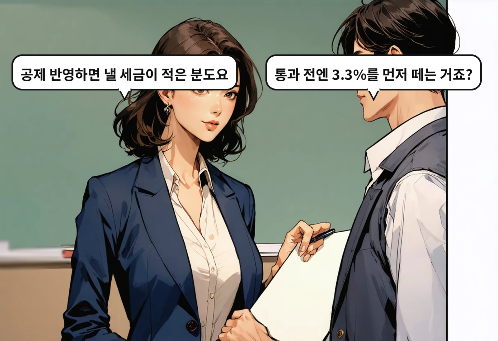 B: 통과 전엔 3.3%를 먼저 떼는 거죠? A: 공제 반영하면 낼 세금이 적은 분도요