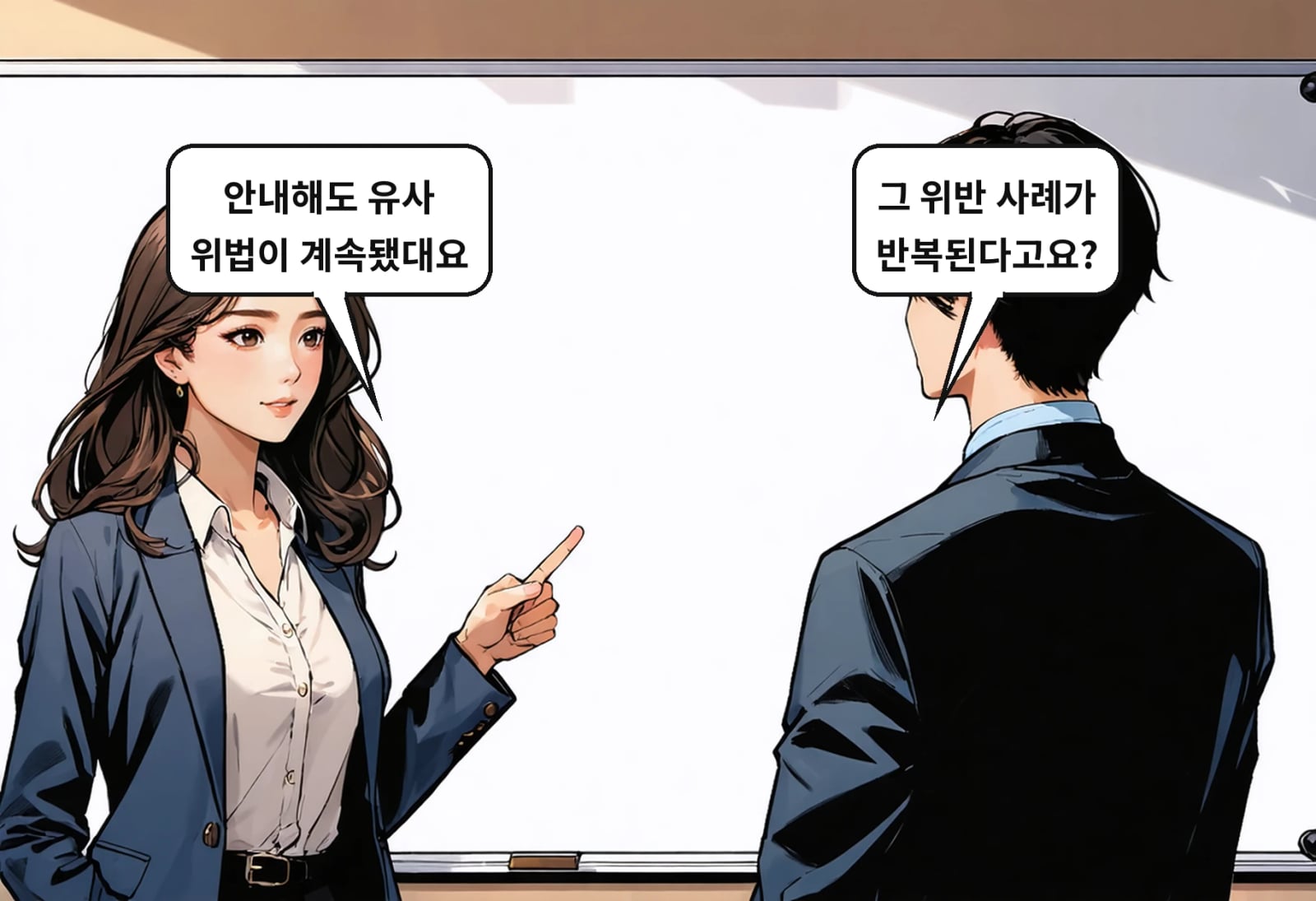 B: 그 위반 사례가 반복된다고요? A: 안내해도 유사 위법이 계속됐대요