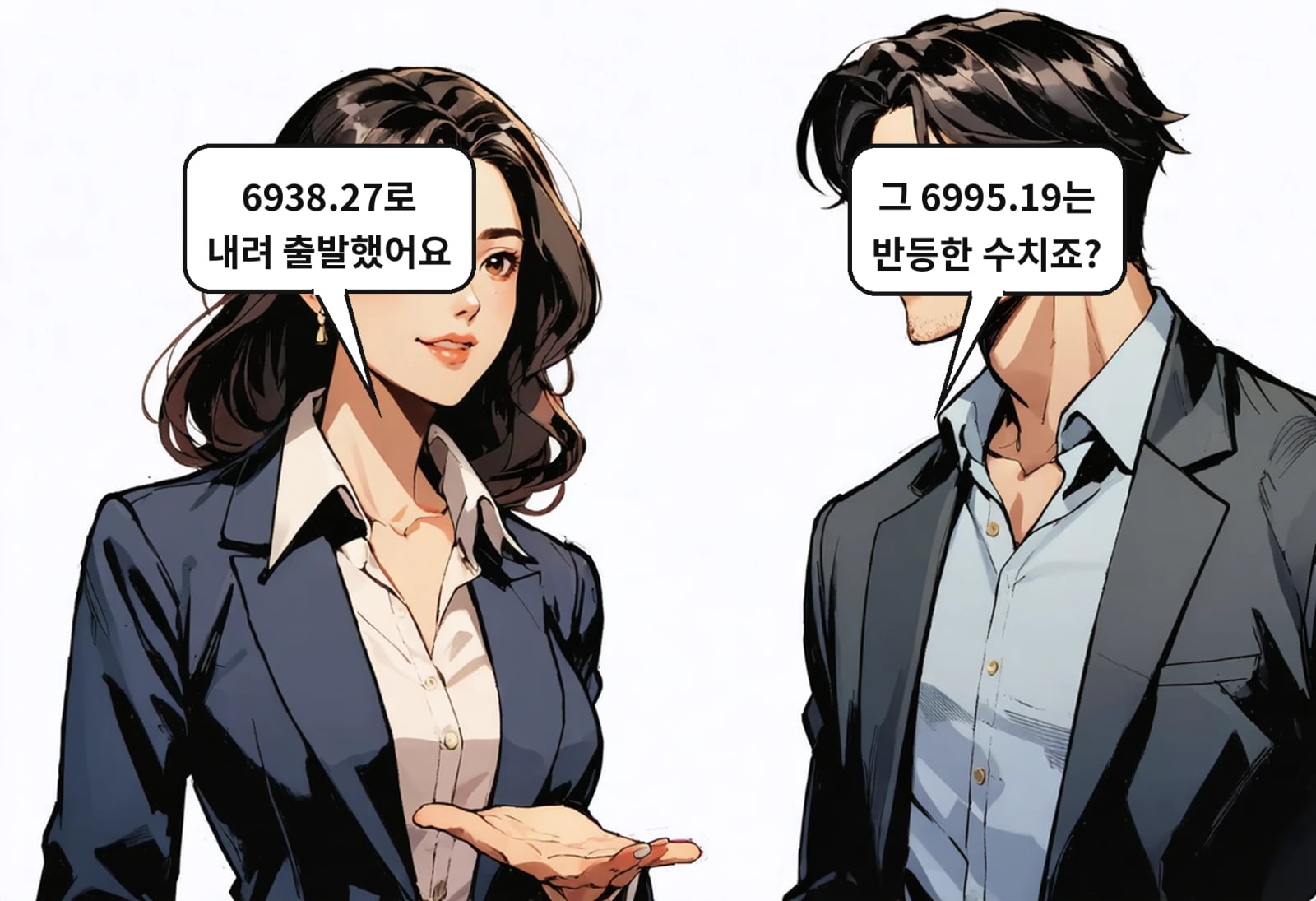 B: 그 6995.19는 반등한 수치죠? A: 6938.27로 내려 출발했어요