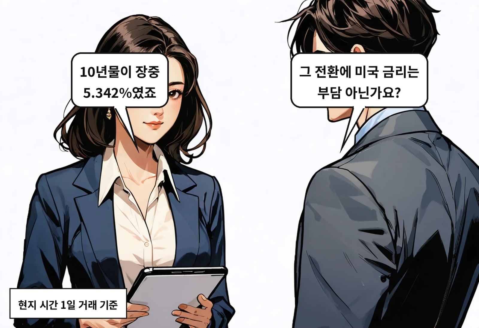 B: 그 전환에 미국 금리는 부담 아닌가요? A: 10년물이 장중 5.342%였죠