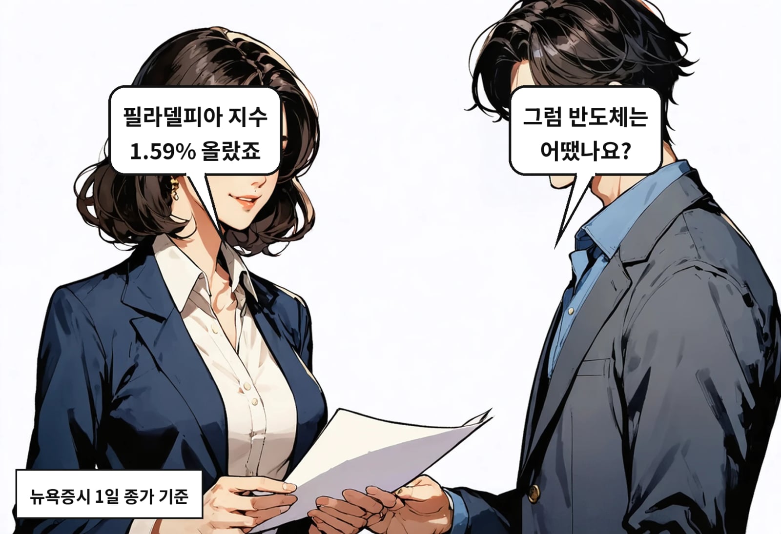 B: 그럼 반도체는 어땠나요? A: 필라델피아 지수 1.59% 올랐죠