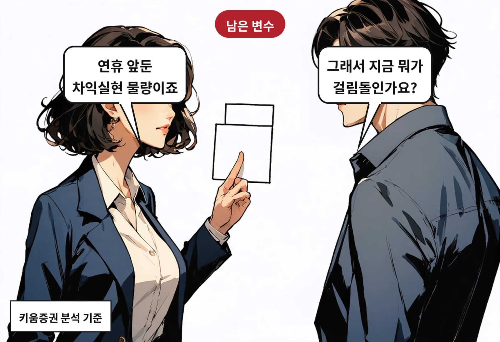 B: 그래서 지금 뭐가 걸림돌인가요? A: 연휴 앞둔 차익실현 물량이죠