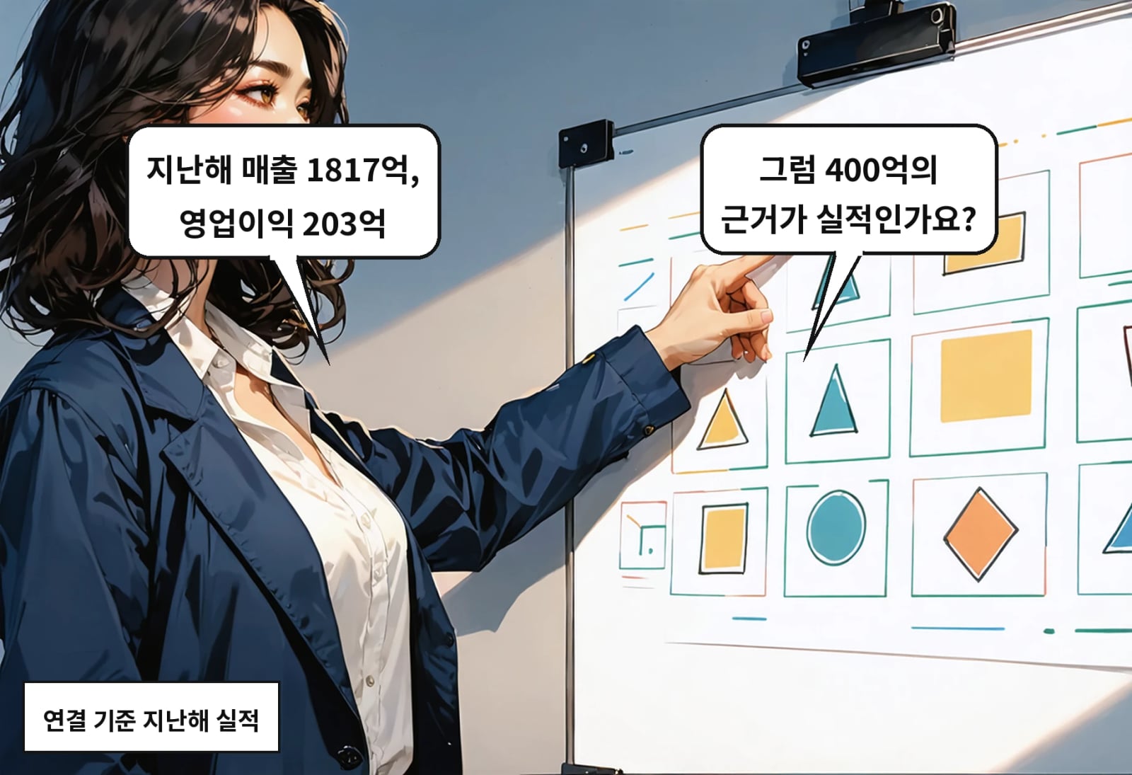 B: 그럼 400억의 근거가 실적인가요? A: 지난해 매출 1817억, 영업이익 203억