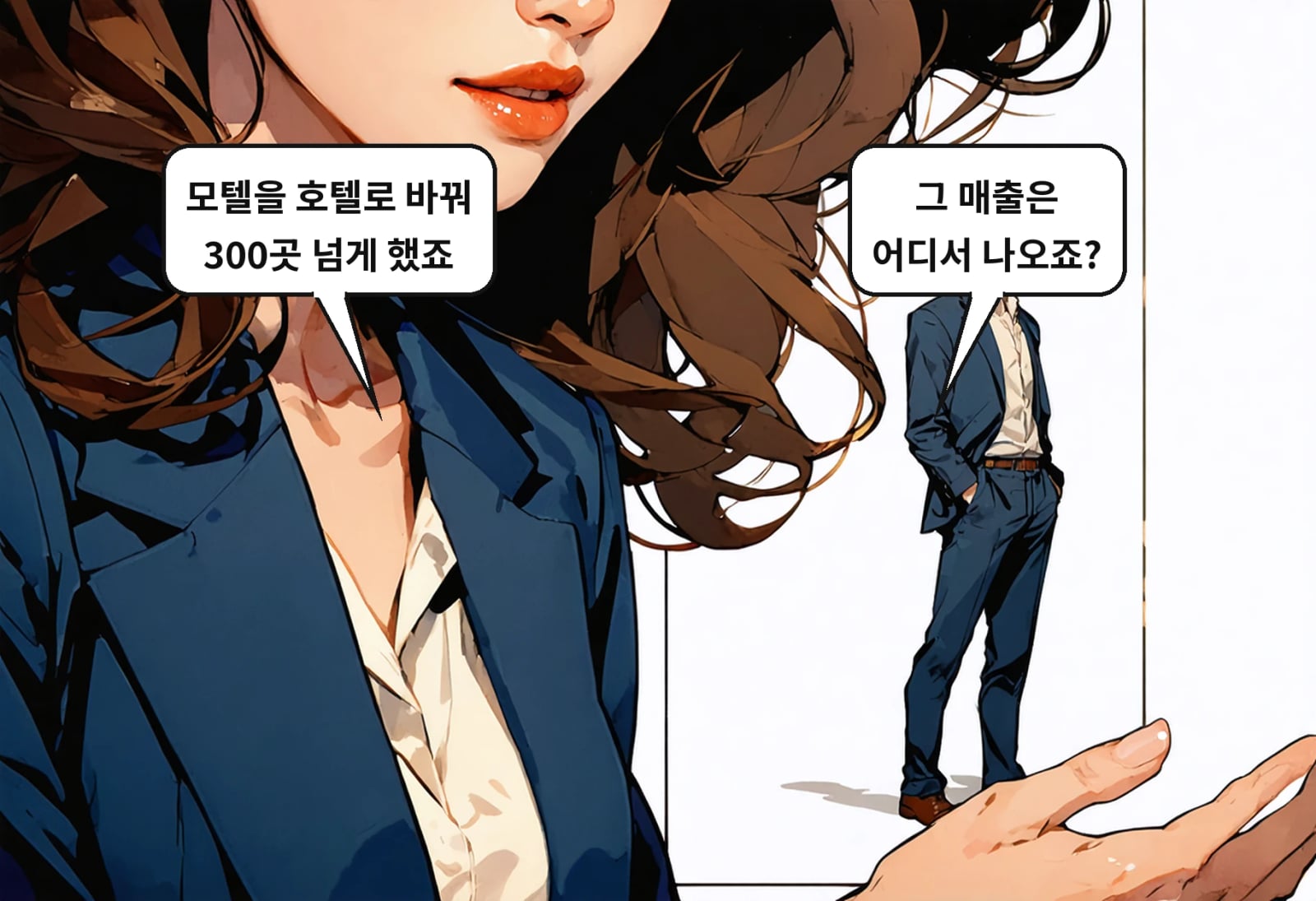 B: 그 매출은 어디서 나오죠? A: 모텔을 호텔로 바꿔 300곳 넘게 했죠