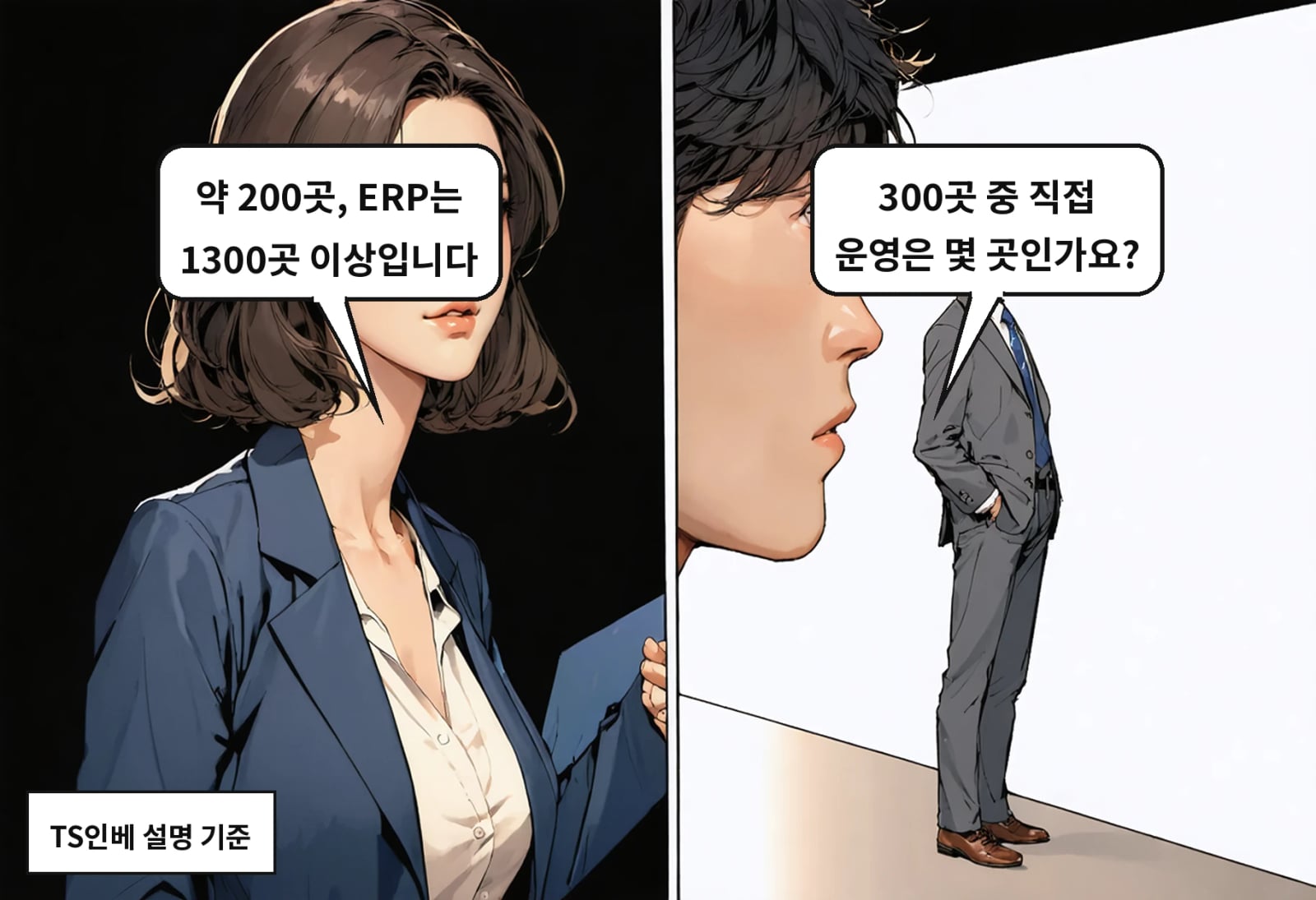 B: 300곳 중 직접 운영은 몇 곳인가요? A: 약 200곳, ERP는 1300곳 이상입니다