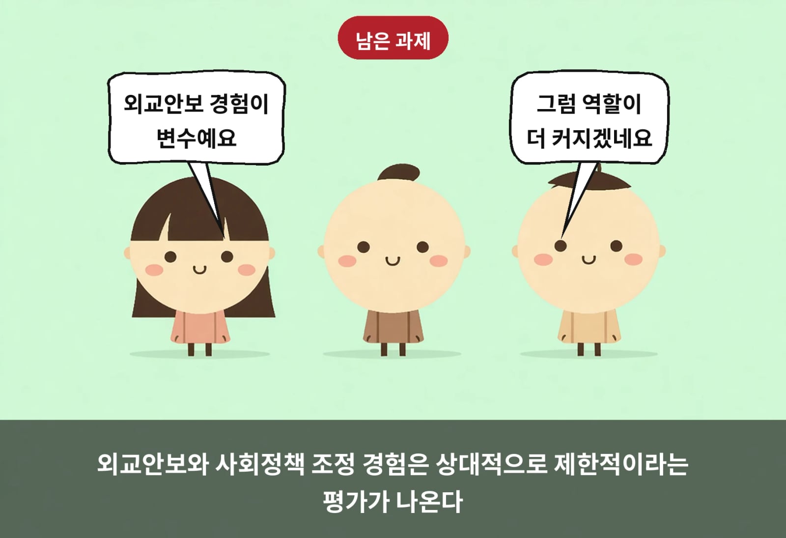 외교안보와 사회정책 조정 경험은 상대적으로 제한적이라는 평가가 나온다