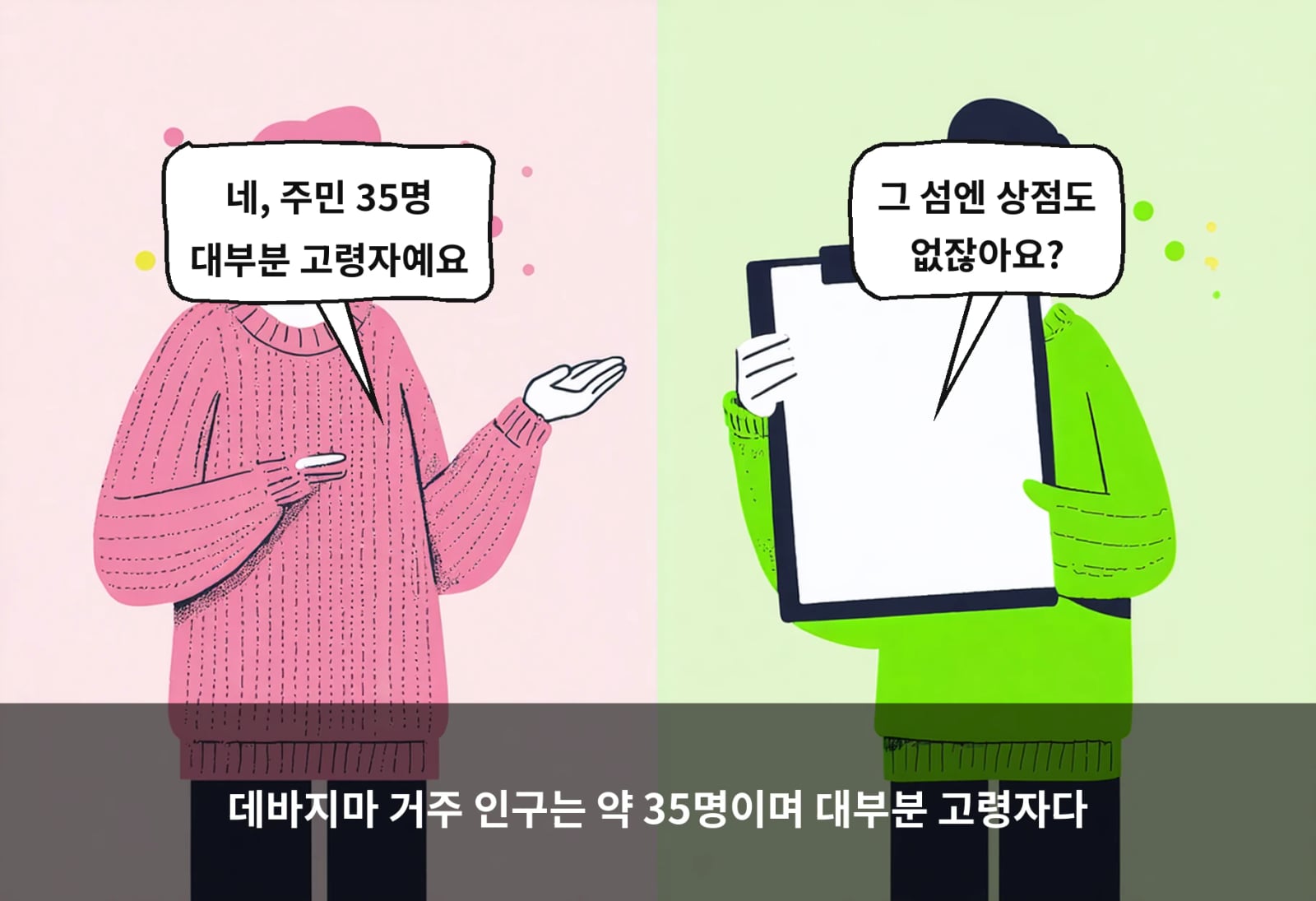 데바지마 거주 인구는 약 35명이며 대부분 고령자다