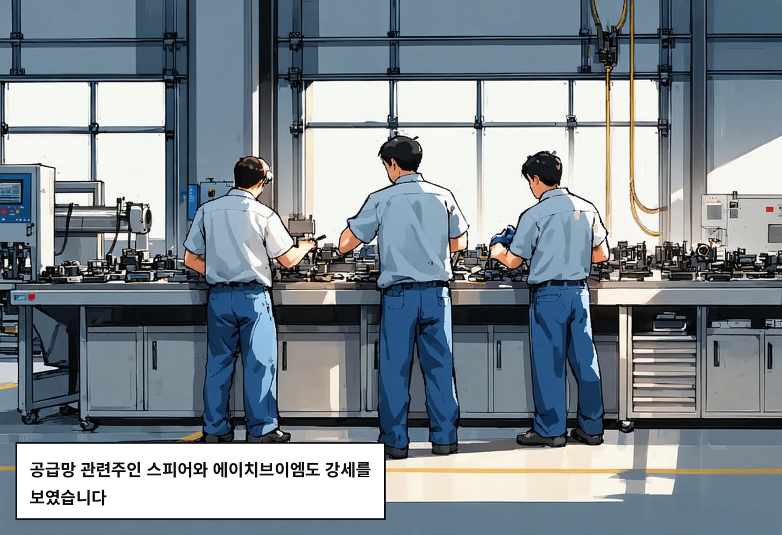 공급망 관련주인 스피어와 에이치브이엠도 강세를 보였습니다