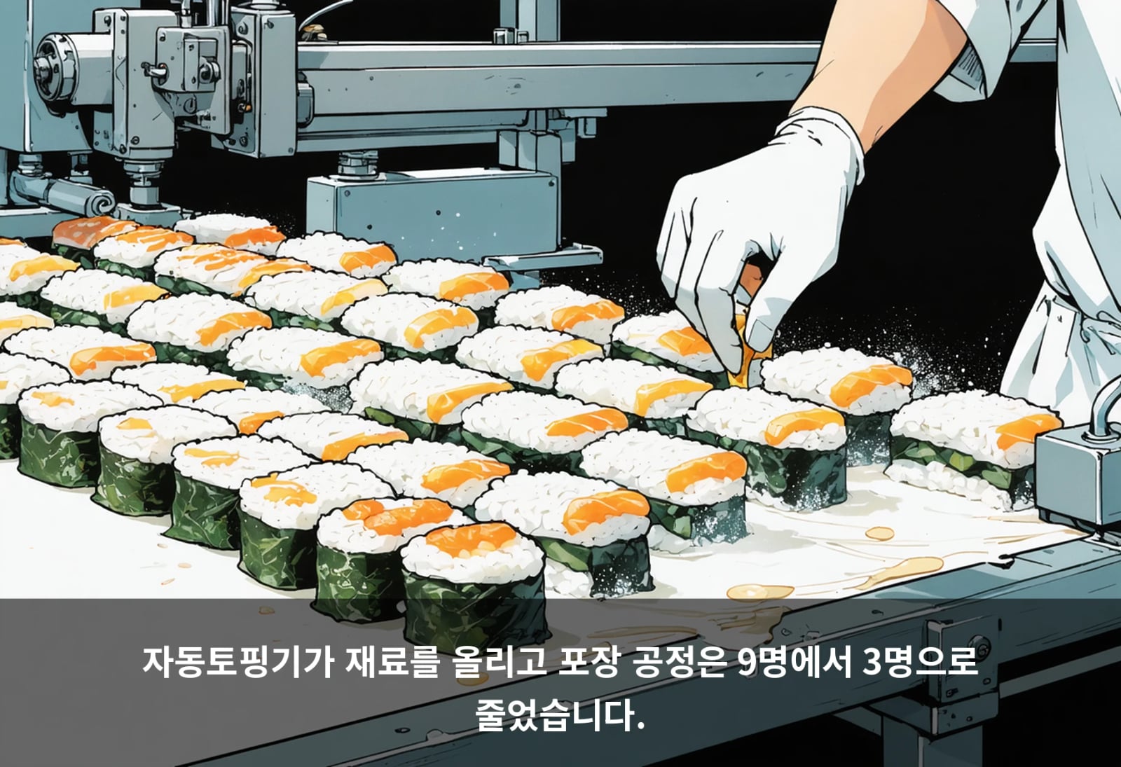 자동토핑기가 재료를 올리고 포장 공정은 9명에서 3명으로 줄었습니다.