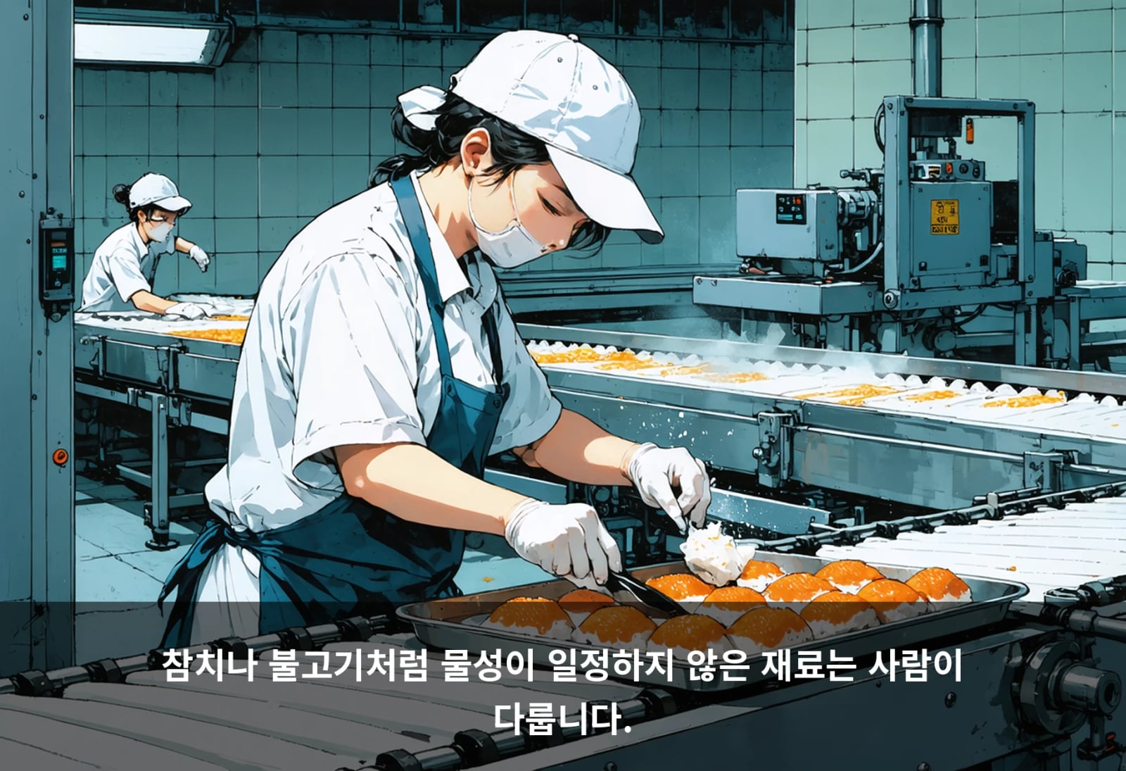 참치나 불고기처럼 물성이 일정하지 않은 재료는 사람이 다룹니다.