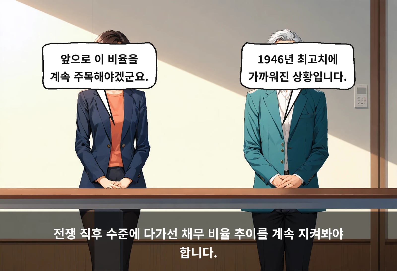 전쟁 직후 수준에 다가선 채무 비율 추이를 계속 지켜봐야 합니다.
