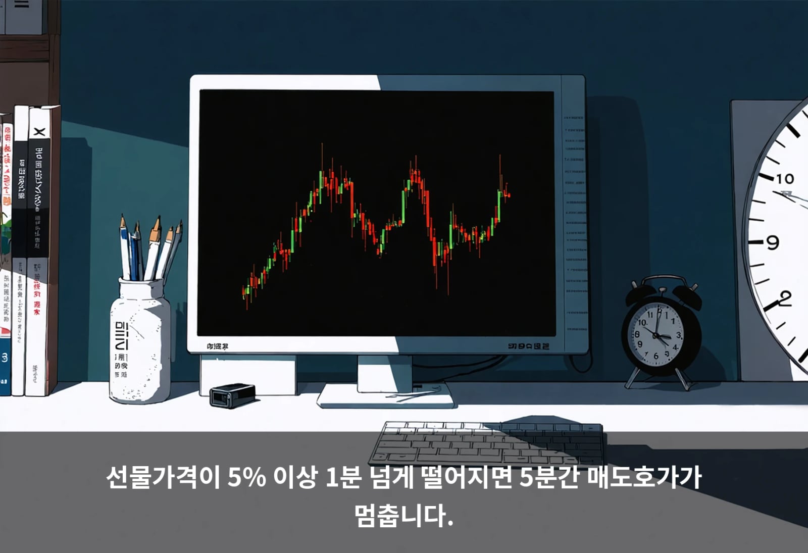 선물가격이 5% 이상 1분 넘게 떨어지면 5분간 매도호가가 멈춥니다.