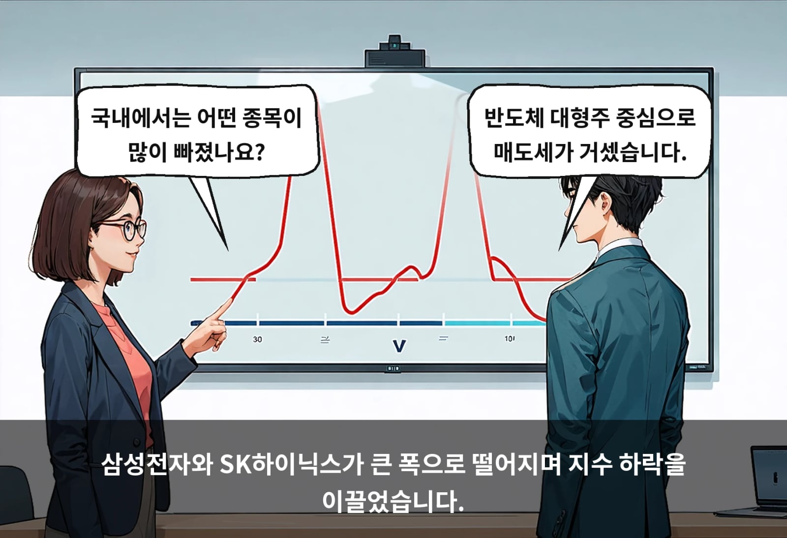 삼성전자와 SK하이닉스가 큰 폭으로 떨어지며 지수 하락을 이끌었습니다.