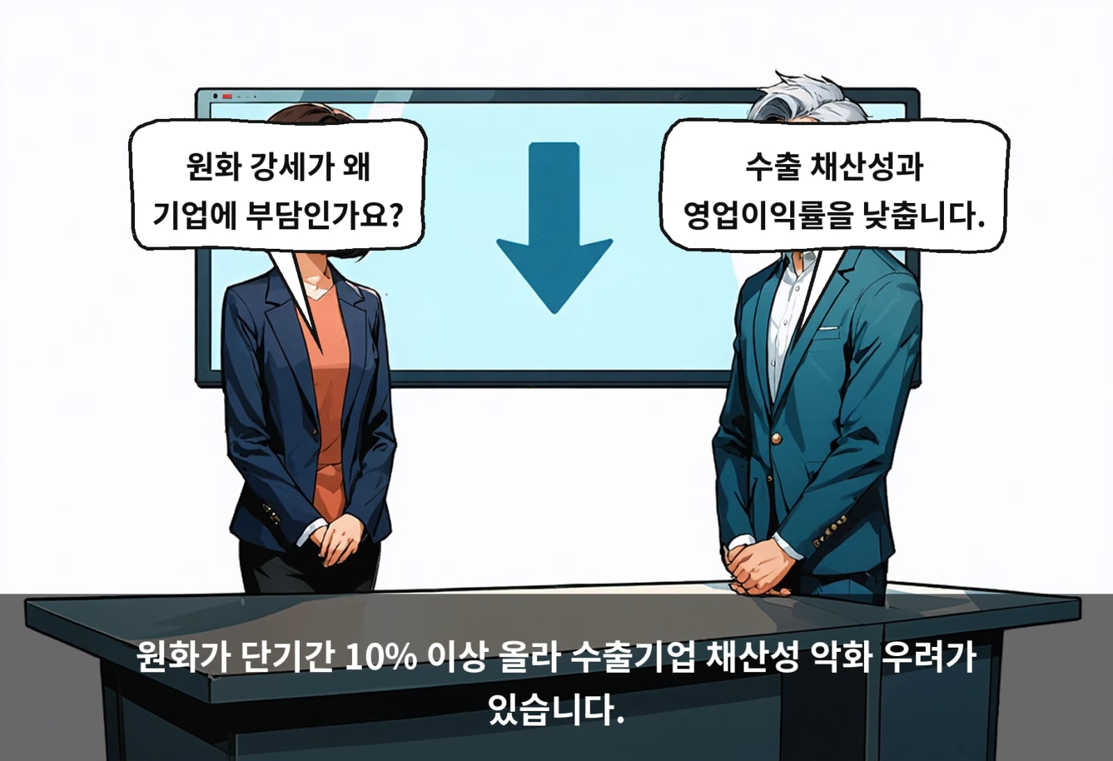 원화가 단기간 10% 이상 올라 수출기업 채산성 악화 우려가 있습니다.