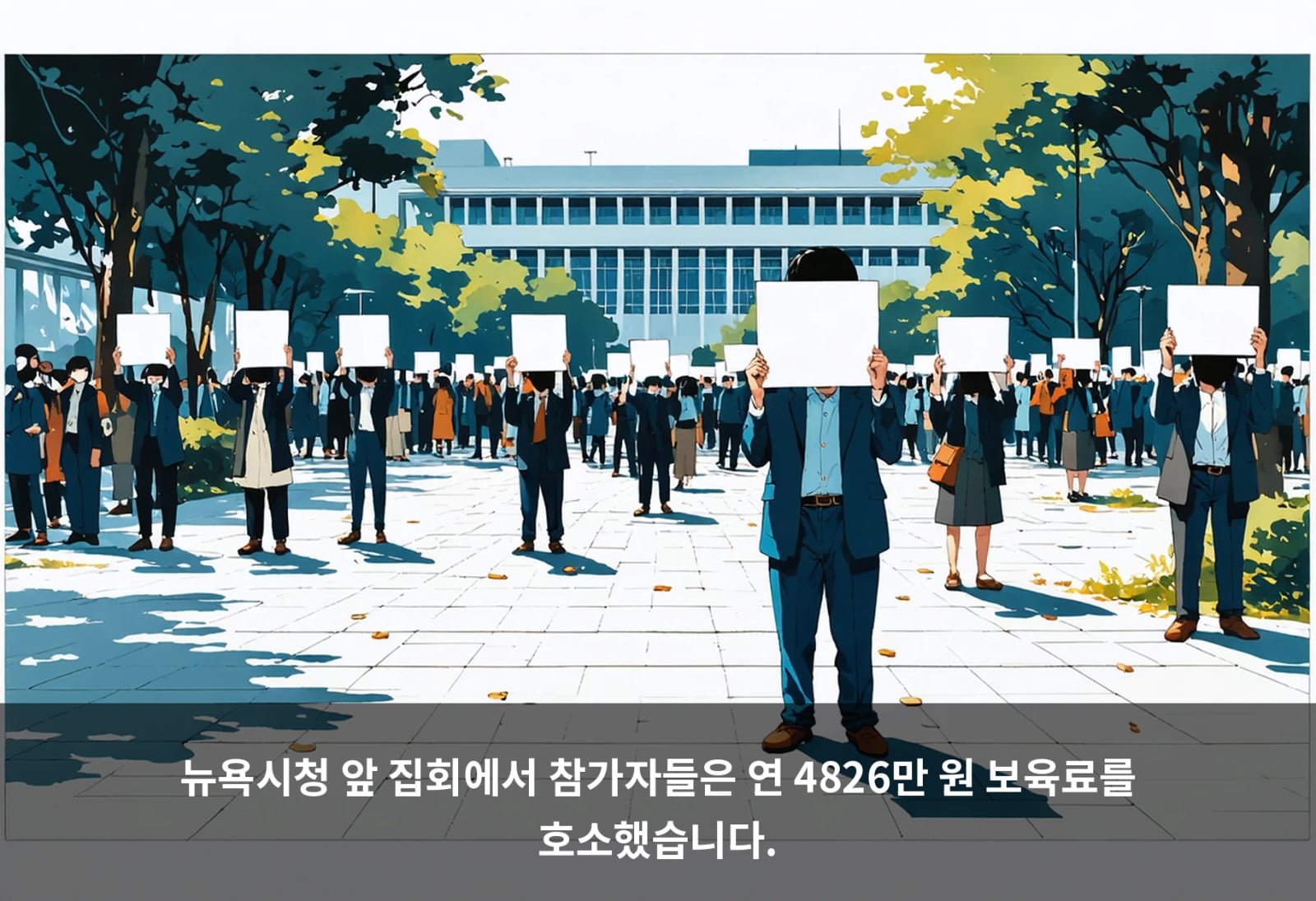 뉴욕시청 앞 집회에서 참가자들은 연 4826만 원 보육료를 호소했습니다.