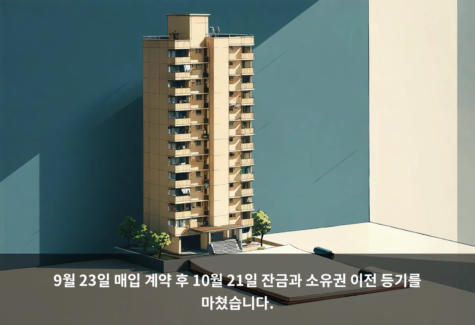 9월 23일 매입 계약 후 10월 21일 잔금과 소유권 이전 등기를 마쳤습니다.