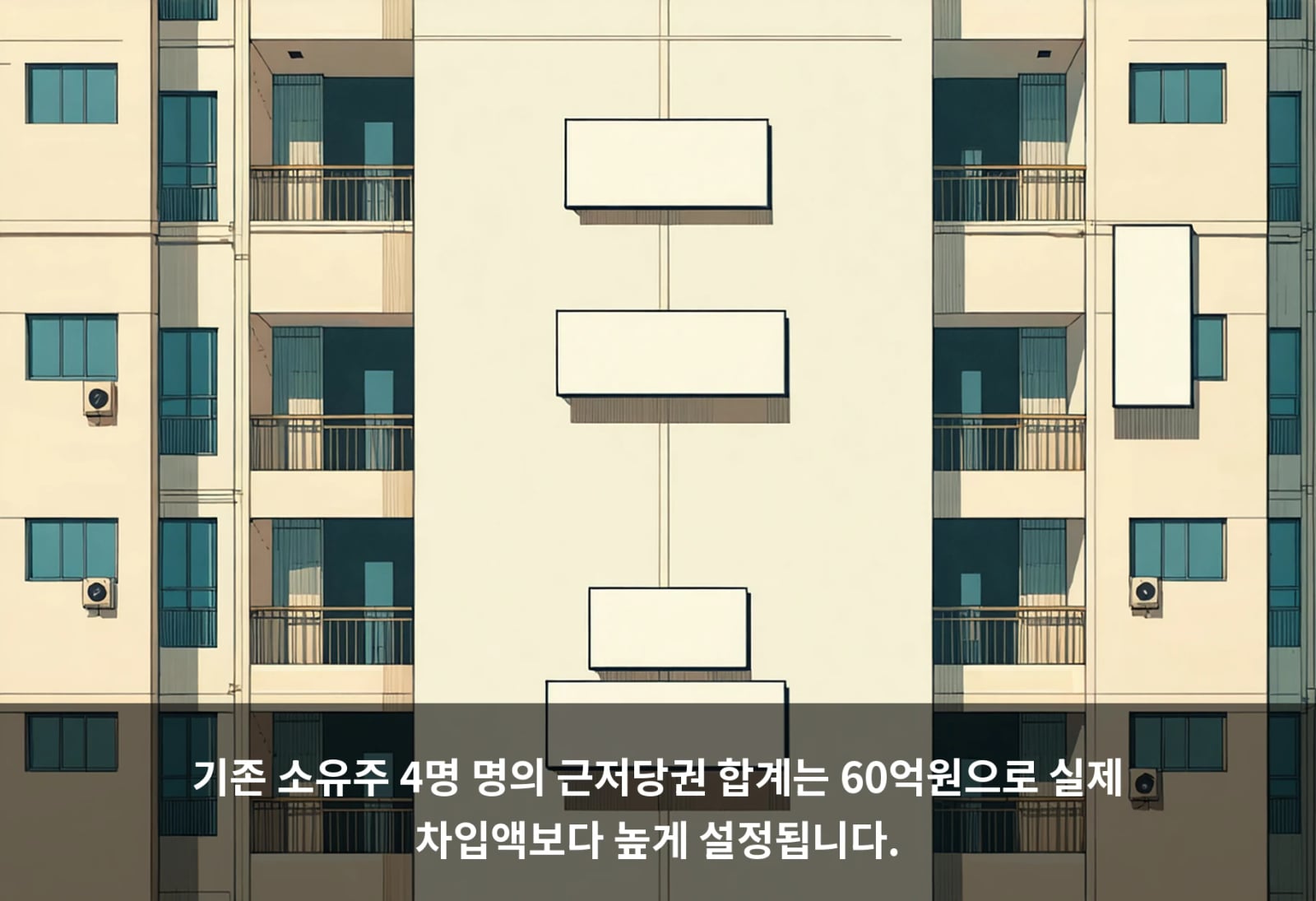 기존 소유주 4명 명의 근저당권 합계는 60억원으로 실제 차입액보다 높게 설정됩니다.