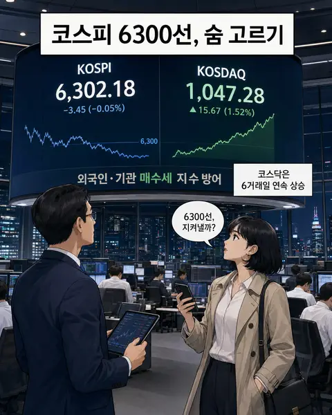 숨 고르는 코스피 6300선 ‘숨고르기’… 코스닥 6거래일 연속 상승 표지